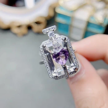 MeiBaPJ 6 мм Сердце Аметист Драгоценный камень Модное кольцо для женщин из настоящего серебра 925 Пробы Изысканные ювелирные изделия для вечеринок