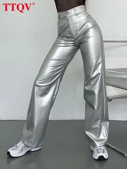 TTQV Модные серебристые брюки из искусственной кожи для женщин 2023, винтажные прямые женские брюки с высокой талией, повседневные Новые простые однотонные брюки