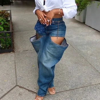 Женские дизайнерские европейские и американские джинсы-стрейч, выдолбленные изношенные брюки для спецодежды, персонализированные модные брюки с прямыми штанинами