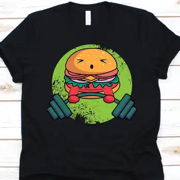 Симпатичный дизайн футболки для бургеров со штангой для гурманов, любителей тяжелой атлетики, закуски из говядины