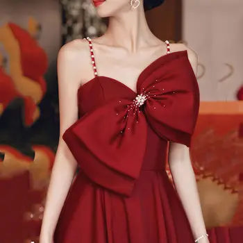 Элегантное платье на подтяжках с большим бантом, женское выпускное красное платье, длинное платье